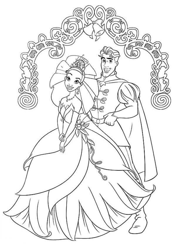 Desenhos de Dia do Casamento do príncipe Naveen e da Princesa Tiana para colorir