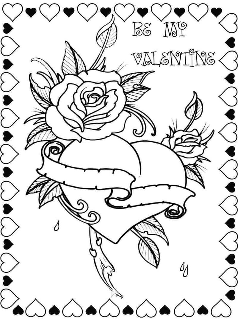 Dia dos Namorados com Coração e Rosa para colorir
