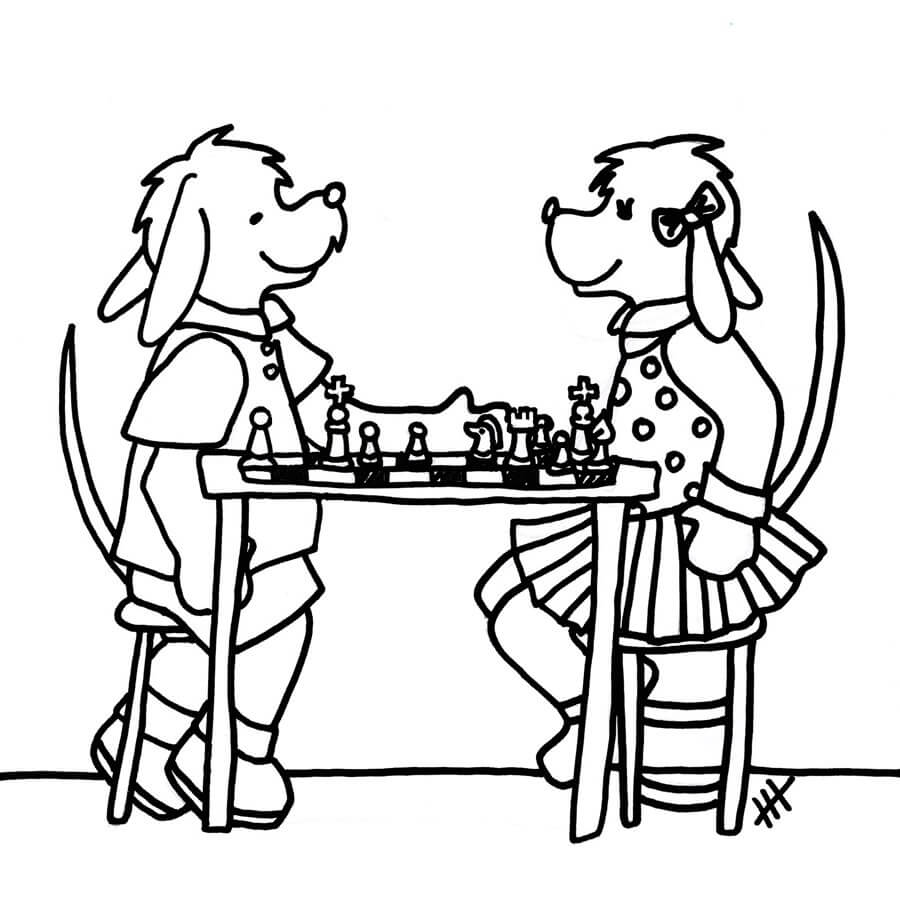 Desenhos de Dois Cachorros Jogando Xadrez para colorir