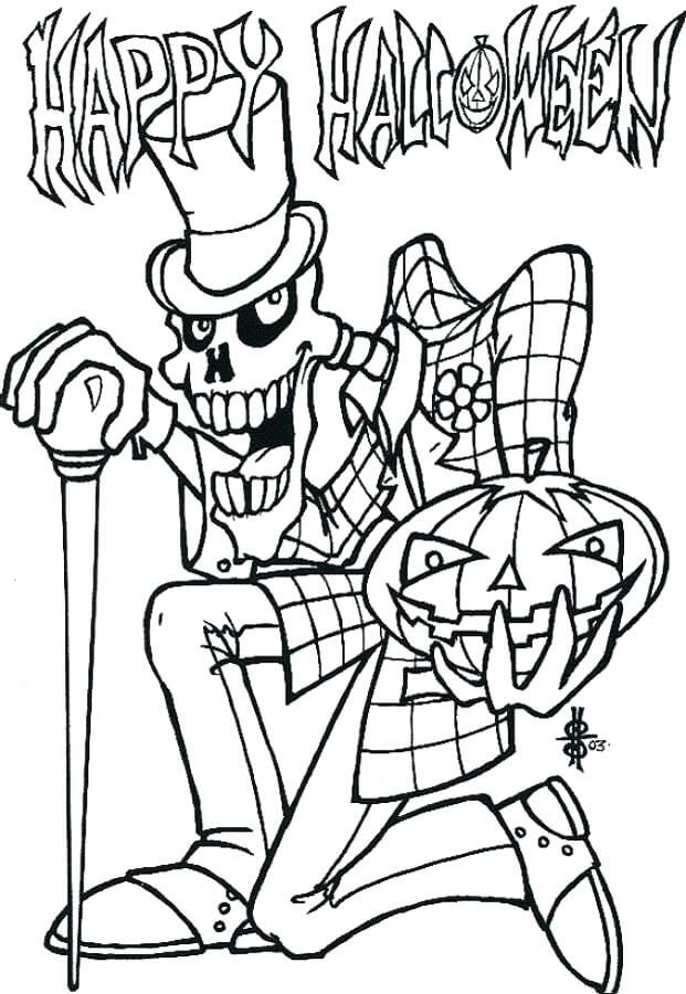 Feliz Dia das Bruxas com Esqueleto Assustador para colorir