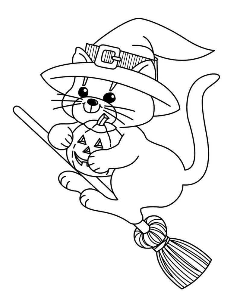 Desenhos de Gato Fofo a Bruxa Voadora para colorir