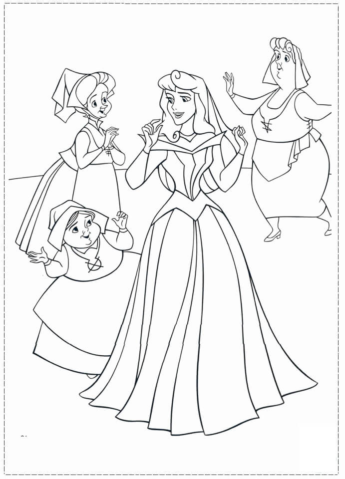 Linda Princesa Aurora e Três Fadas para colorir
