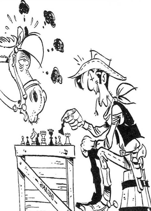 Desenhos de Lucky Luke Jogando Xadrez com Jolly Jumper para colorir