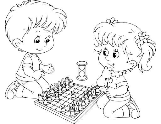 Desenhos de Menino e Menina Jogando Xadrez para colorir