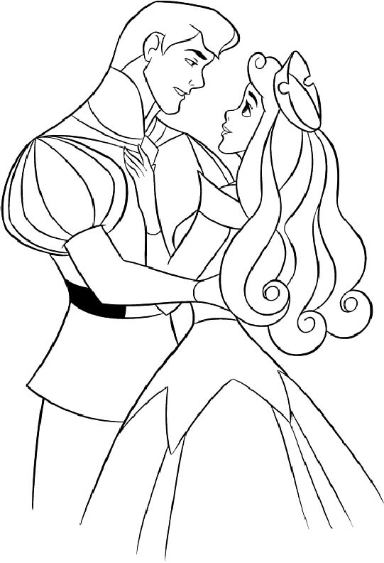 Desenhos de Princesa Aurora Abraça o Príncipe para colorir