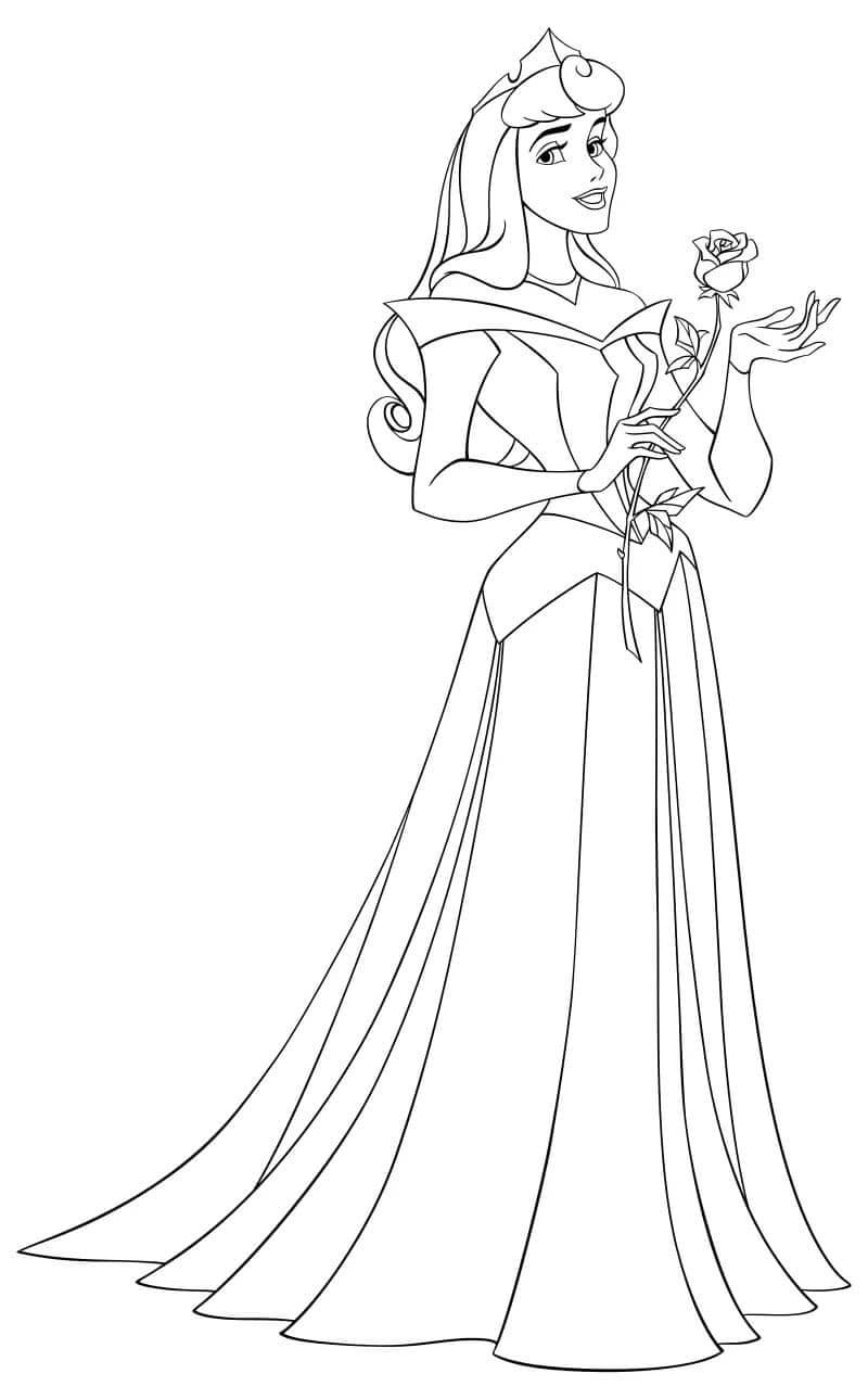 Desenhos de Princesa Aurora Segurando Rose para colorir