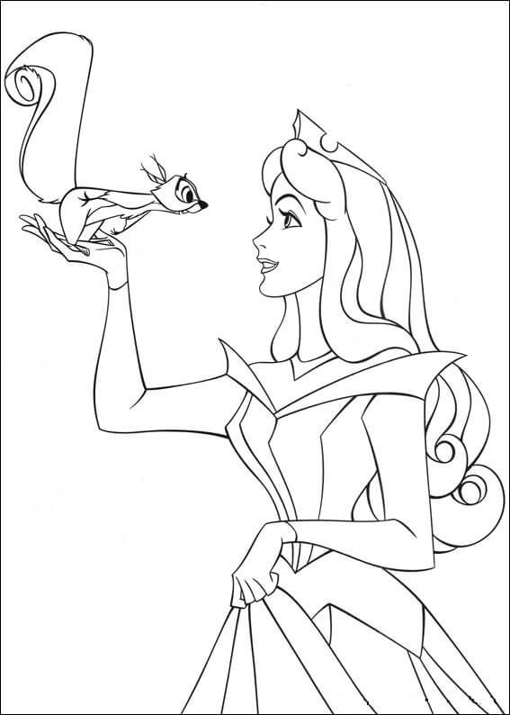 Princesa Aurora Segurando o Esquilo para colorir