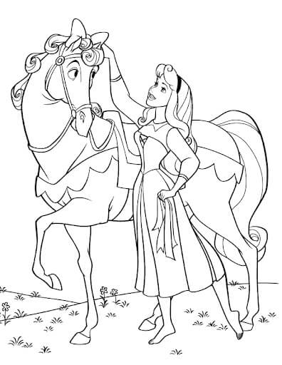 Desenhos de Princesa Aurora e Cavalo para colorir