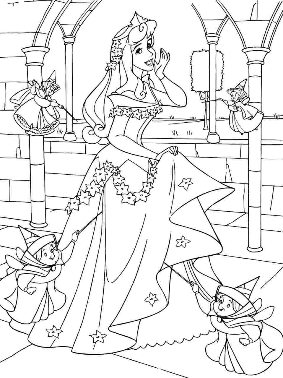 Desenhos de Princesa Aurora e Duas Fadas para colorir