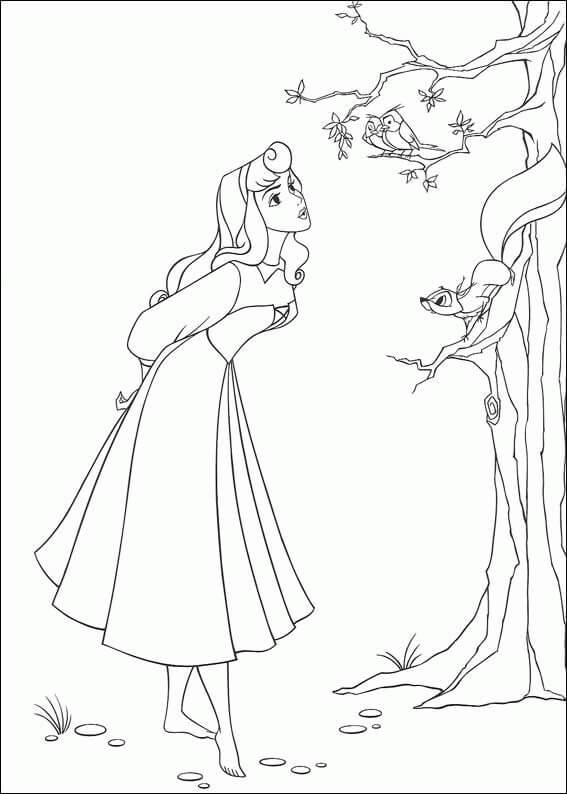 Desenhos de Princesa Aurora e um Esquilo na Árvore para colorir