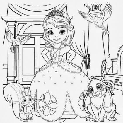 Desenhos de Princesa Sofia e Animais para colorir
