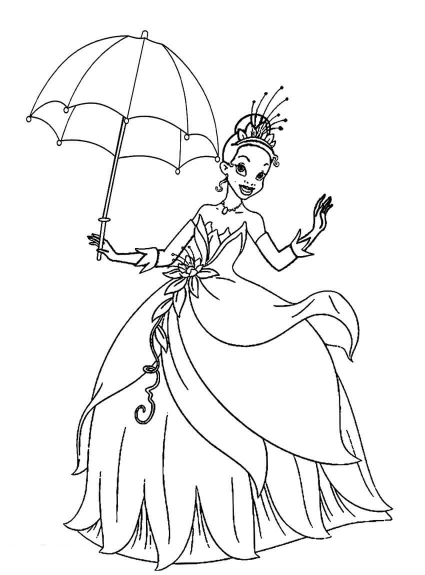 Desenhos de Princesa Tiana Segurando Guarda-Chuva para colorir