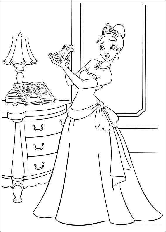 Princesa Tiana Segurando Sapo para colorir