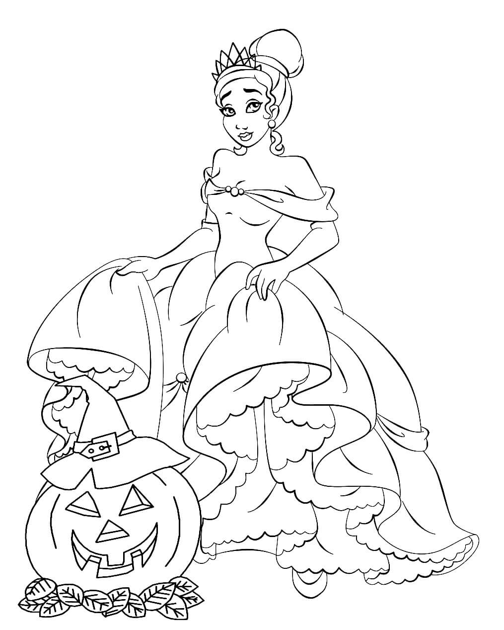 Desenhos de Princesa Tiana e Abóbora no Halloween para colorir