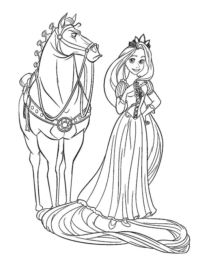 Rapunzel e Cavalo para colorir