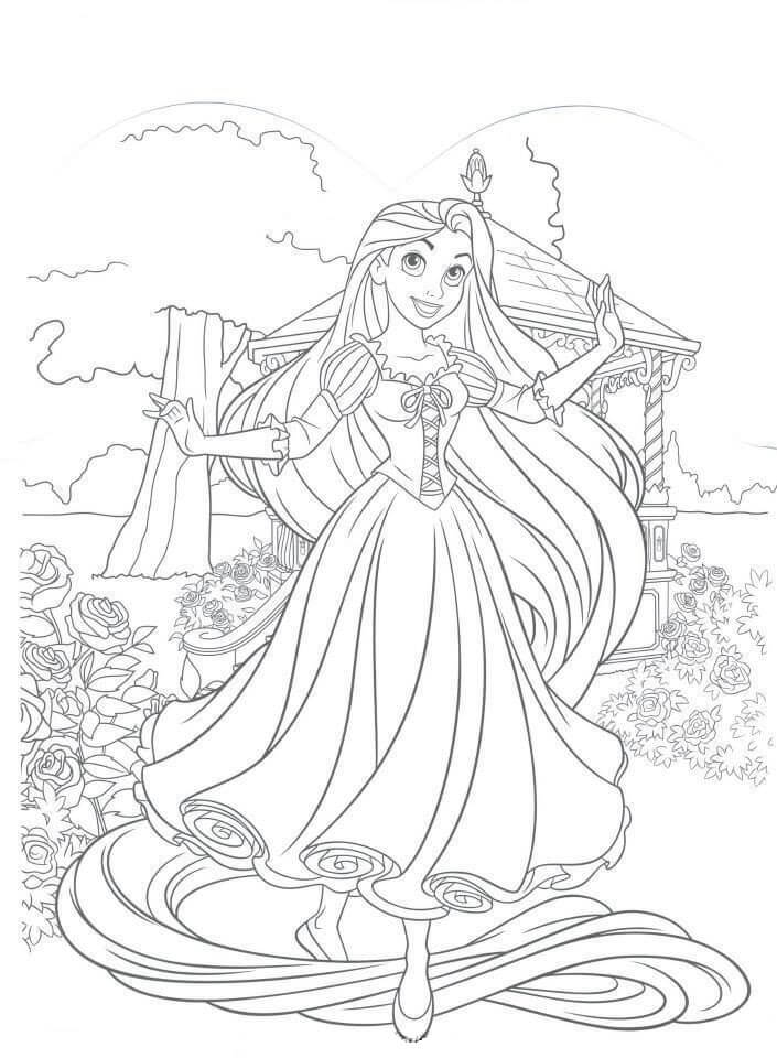 Desenhos de Rapunzel no Jardim de Flores para colorir