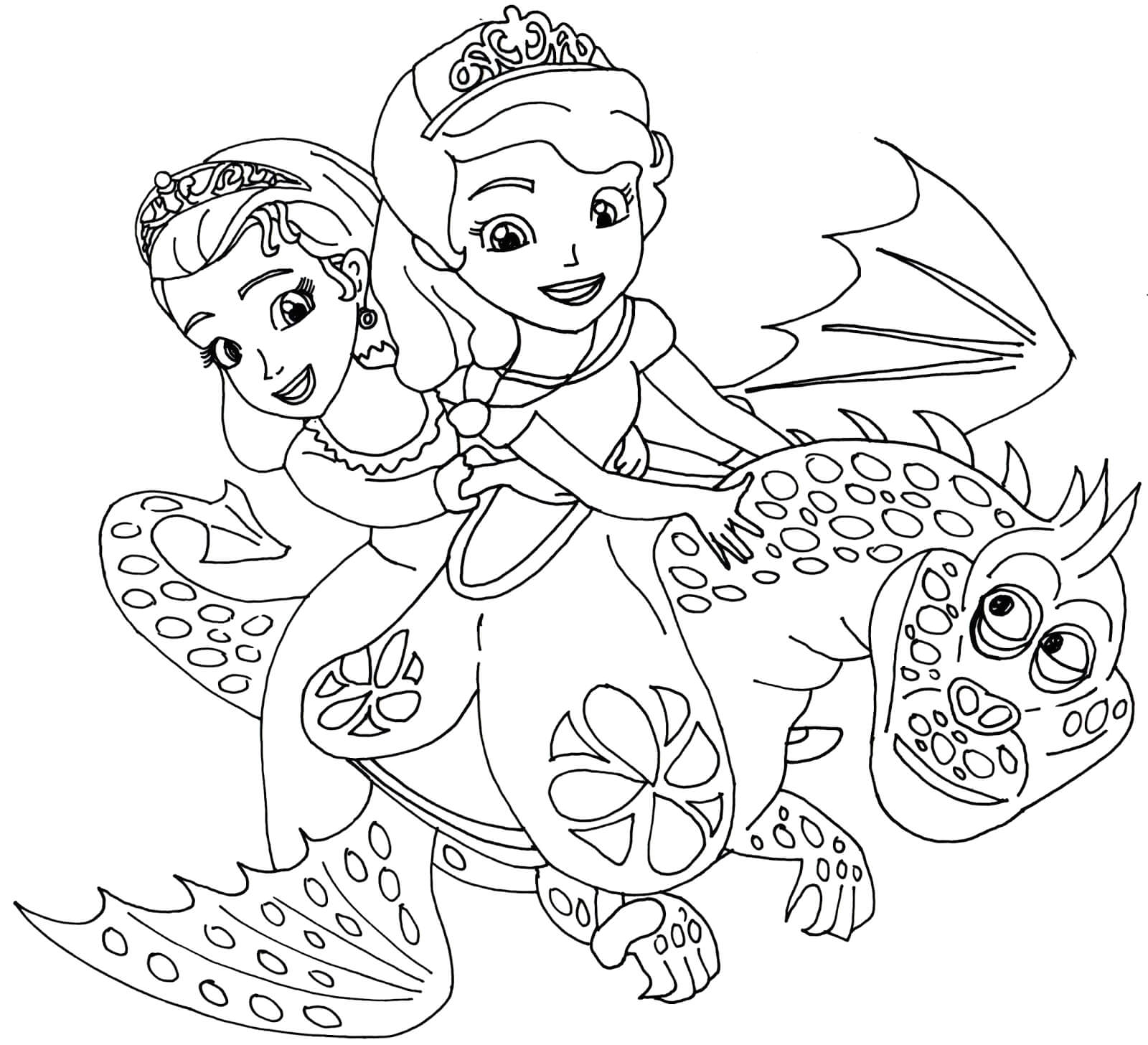 Desenhos de Sofia e sua Amiga Livrando o Dragão para colorir