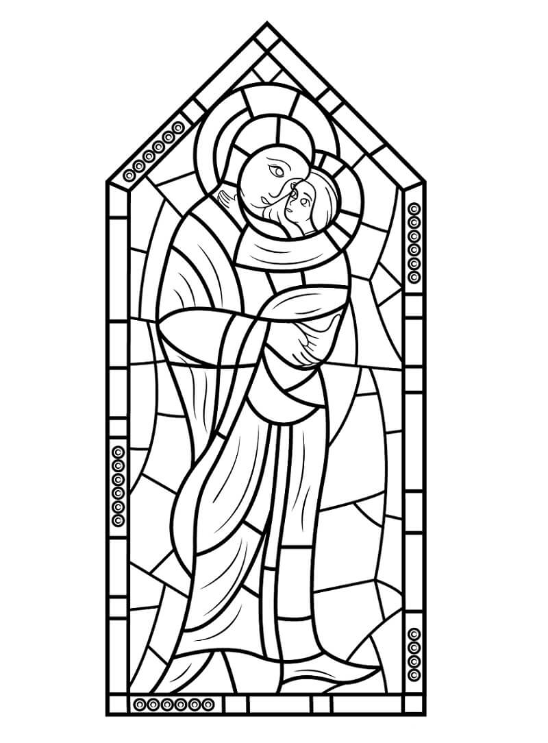 Vitral Maria com Jesus para colorir