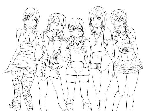 Desenhos de Cinco Meninas Adolescentes para colorir