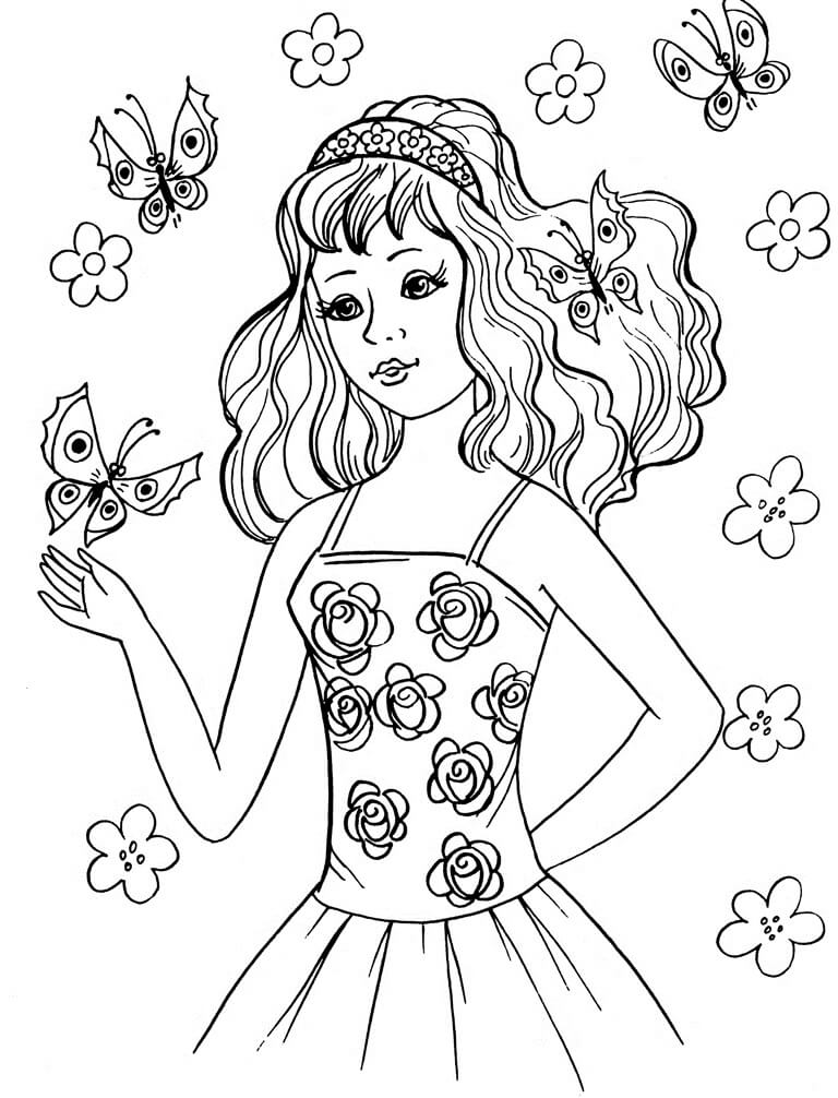 Desenhos de Menina Adolescente com Borboleta e Flor para colorir