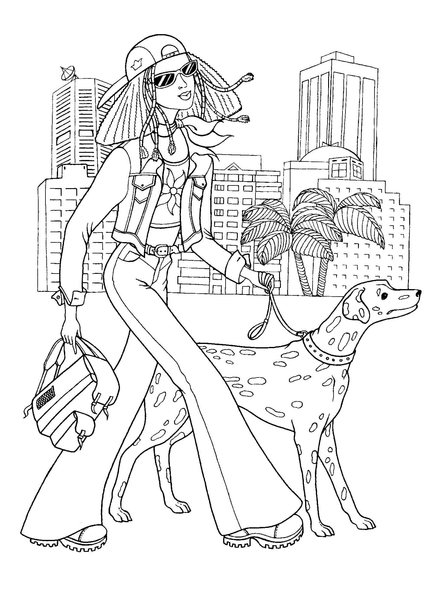 Menina Adolescente com Cachorro Andando na Cidade para colorir