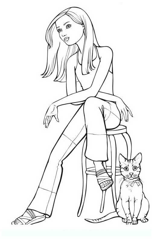 Desenhos de Menina Adolescente com Gato para colorir