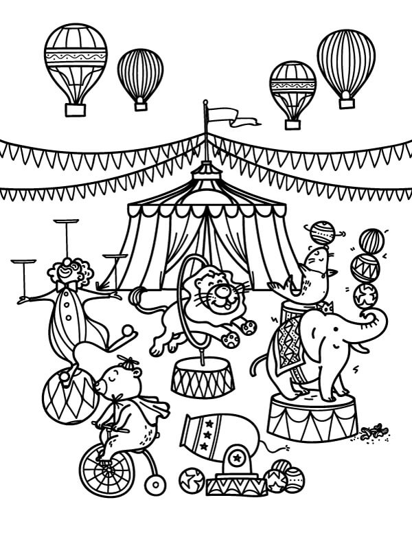 Desenhos de Palhaço e Quatro Animais no Circo para colorir