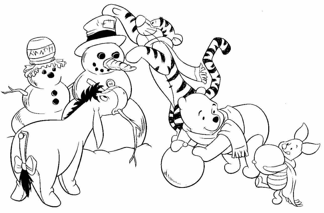 Desenhos de Animais de Desenho Animado e Boneco de neve no Inverno para colorir