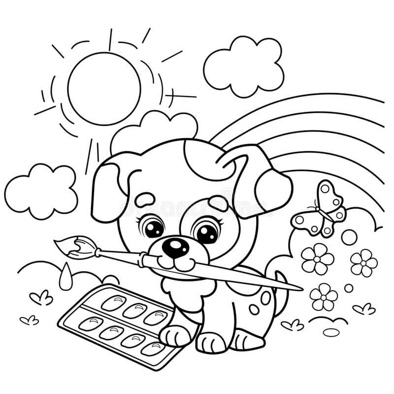 Desenhos de Cachorrinho desenha Arco-íris para colorir