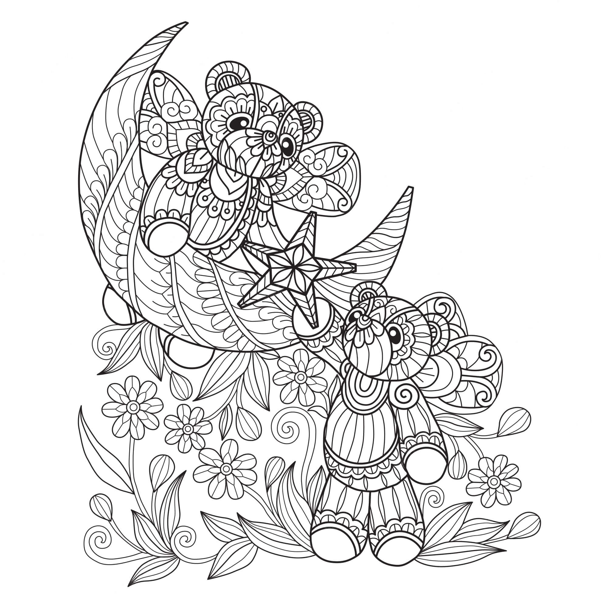 Desenhos de Casal Ursinho de pelúcia com Mandala de Flores para colorir
