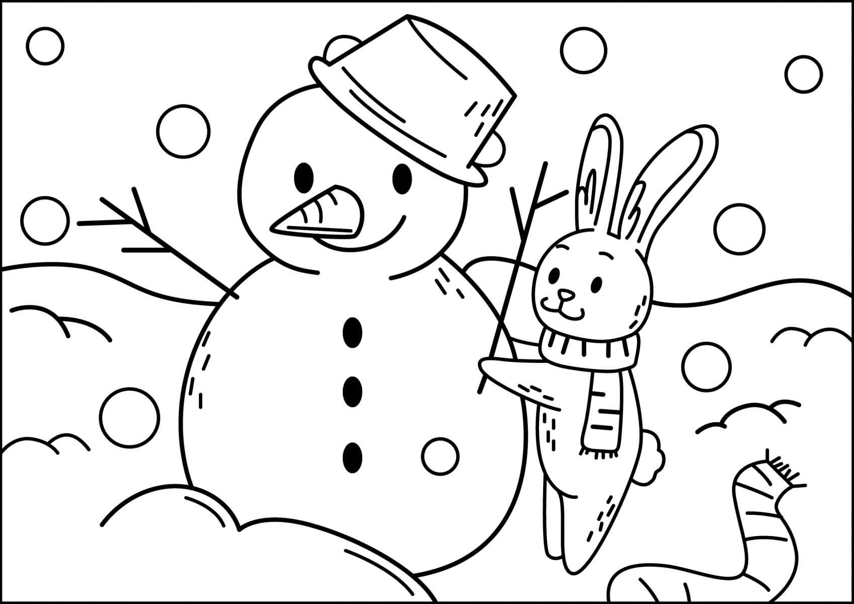 Desenhos de Coelhinho com Boneco de Neve no Inverno para colorir