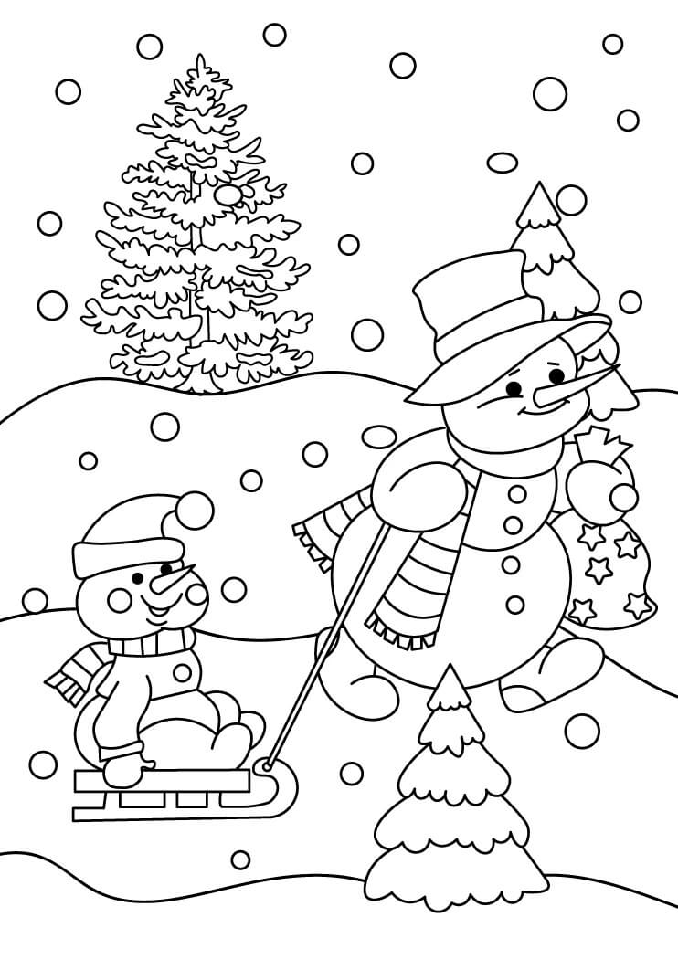 Desenhos de Desenho Animado dois bonecos de Neve no Inverno para colorir