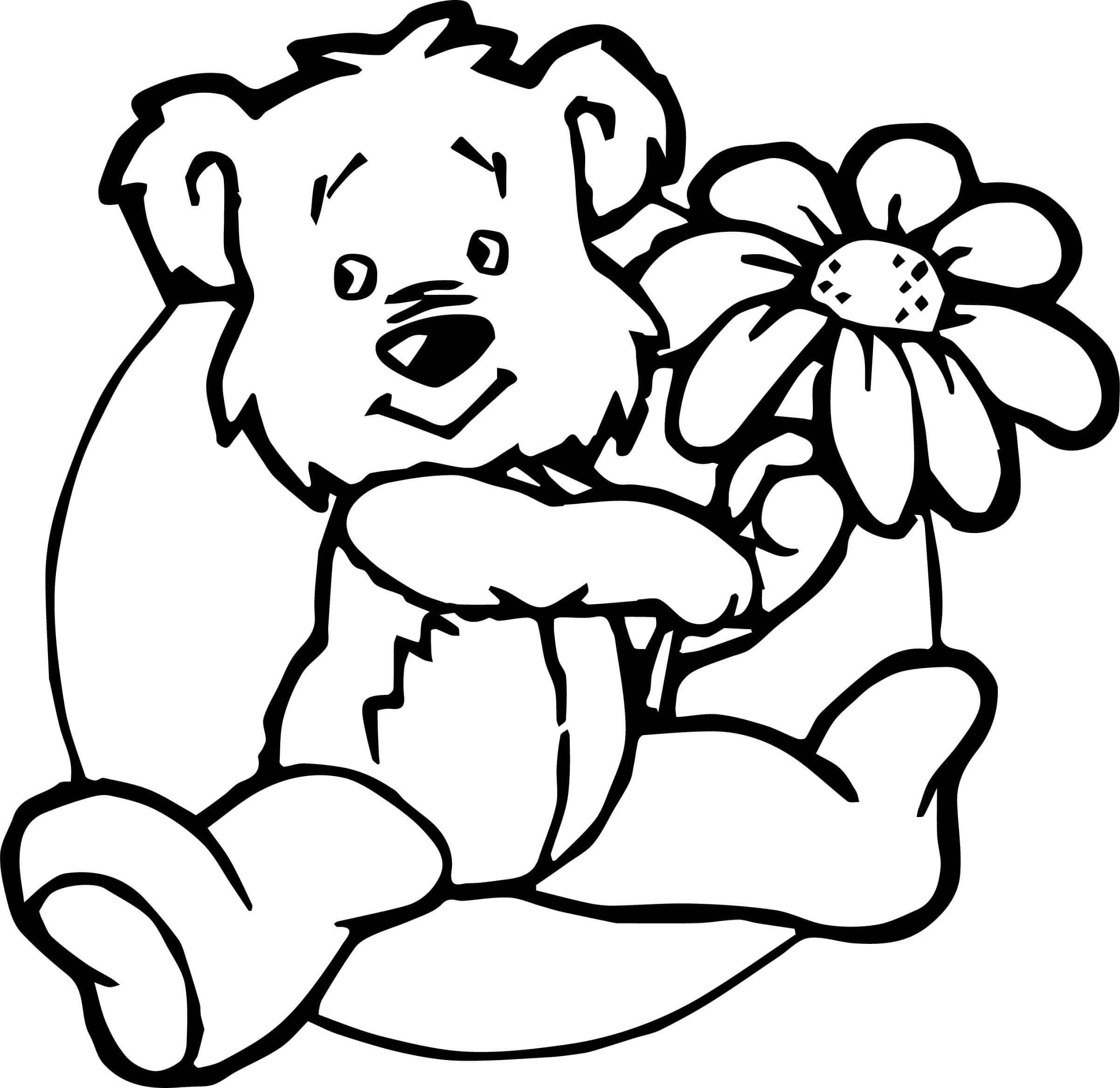 Desenho Ursinho Segurando Flor para colorir