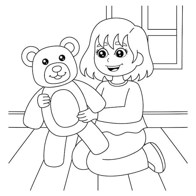 Garota Divertida segurando o ursinho de pelúcia para colorir