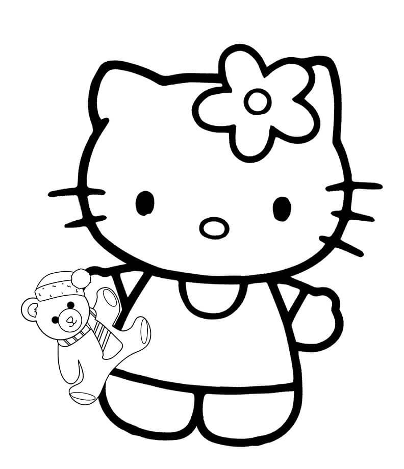 Hello Kitty segurando o Ursinho de Pelúcia para colorir
