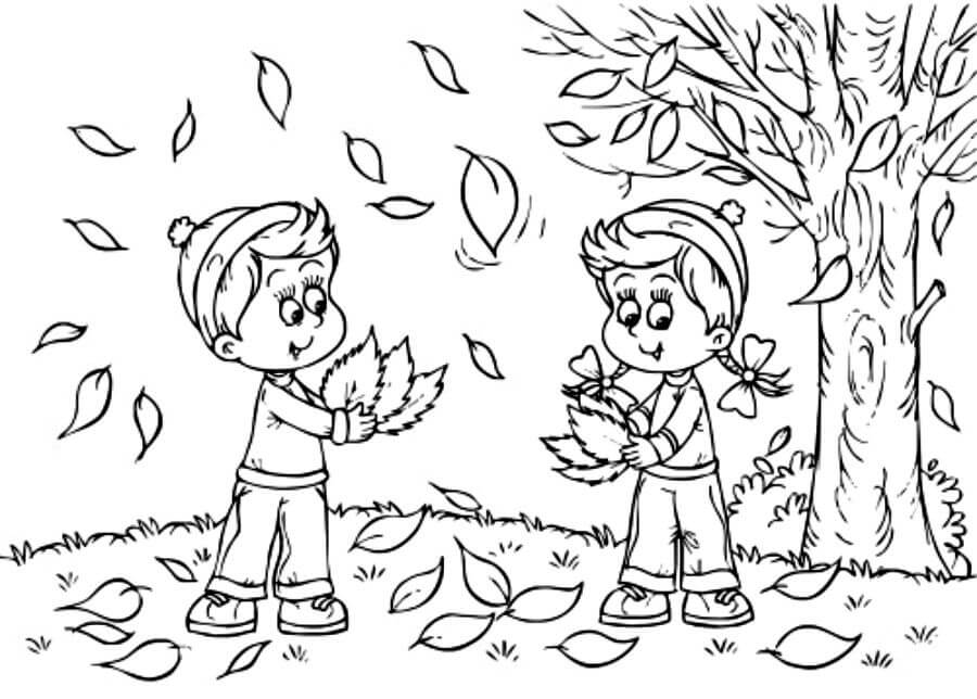 Desenhos de Menina e Menino no Outono para colorir