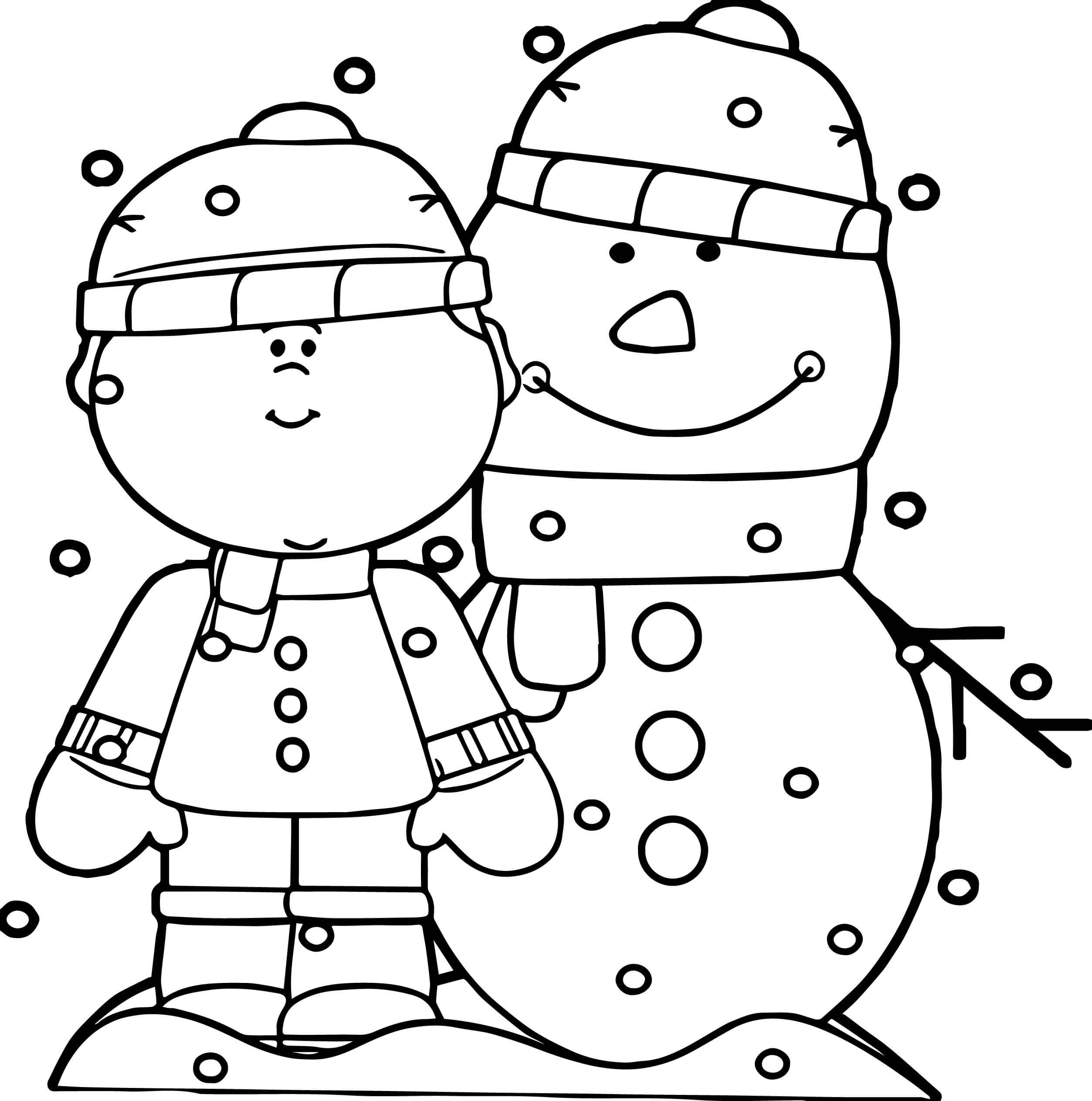 Menino e Boneco de Neve no Inverno para colorir