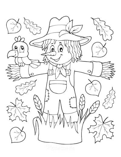 Desenhos de Pássaro no Homem de Palha e Folha no Outono para colorir