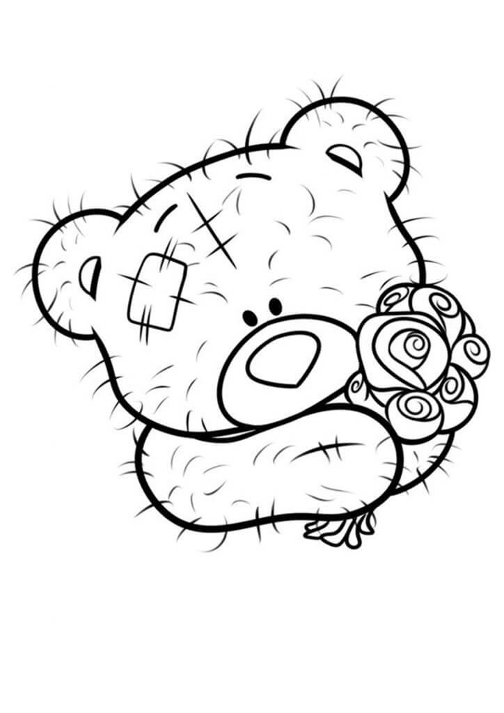 Desenhos de Retrato de ursinho de Pelúcia com Flor de Buquê para colorir