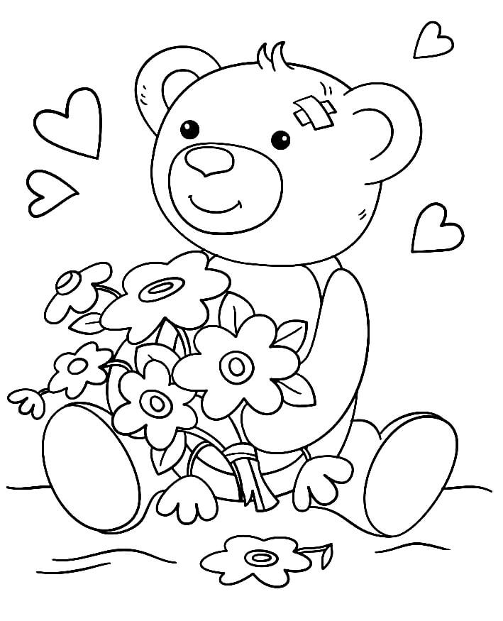 Sorridente Ursinho de Pelúcia com Flor de Buquê para colorir