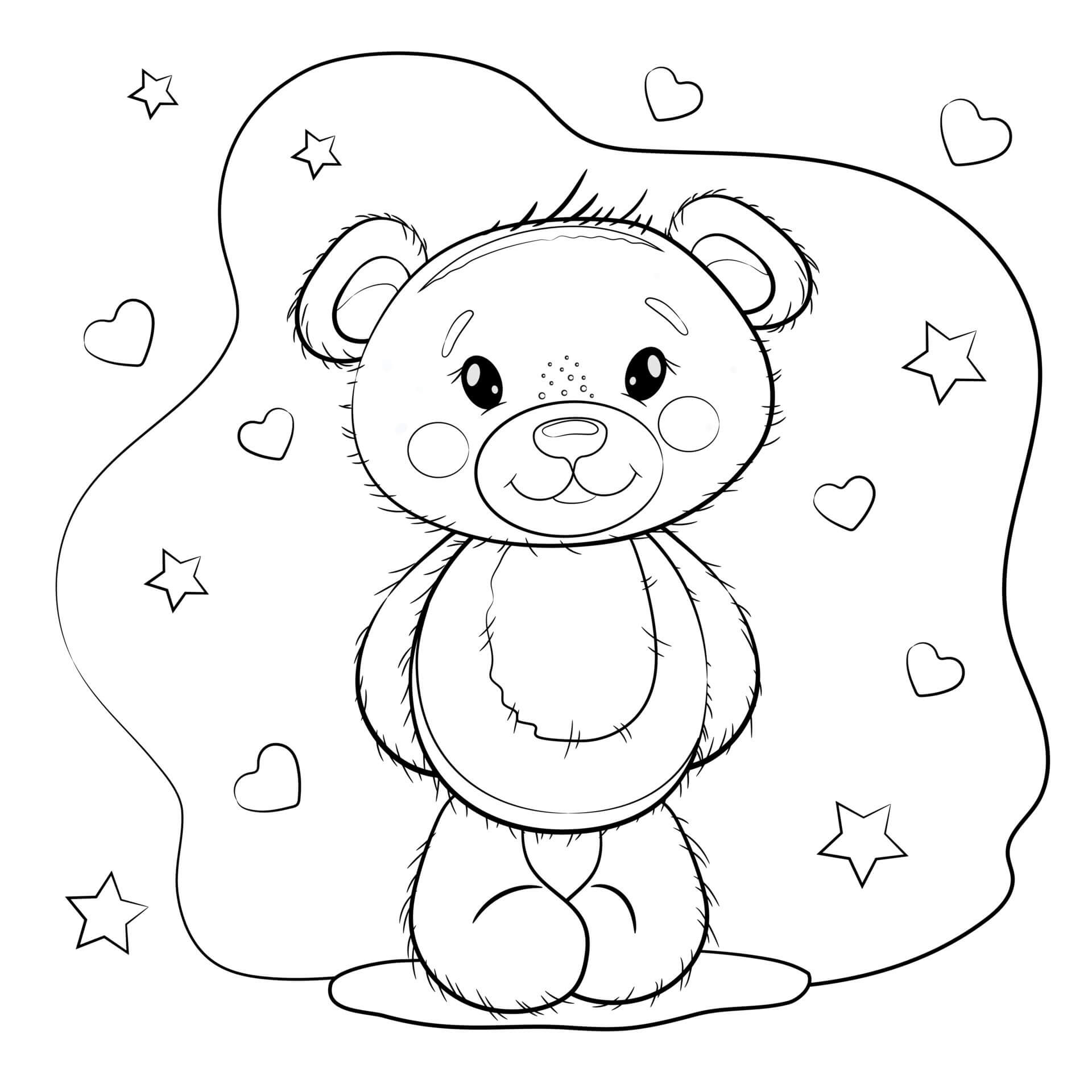 Ursinho de Pelúcia de Desenho Animado com Estrelas e Corações para colorir