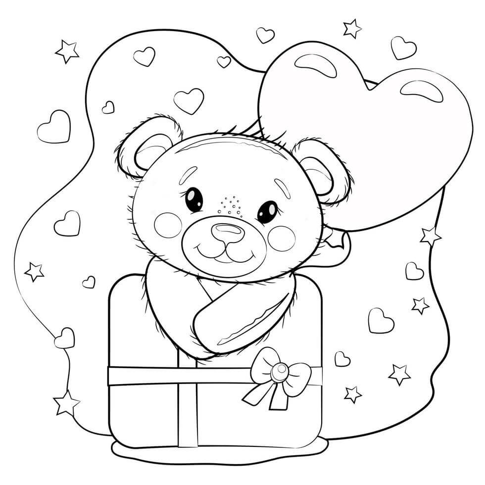 Ursinho de Pelúcia Fofo com Caixa de Presente para colorir