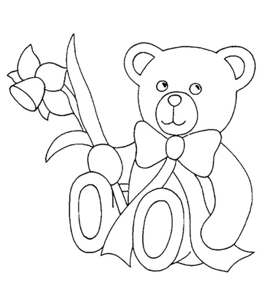 Desenhos de Ursinho segurando Flor para colorir