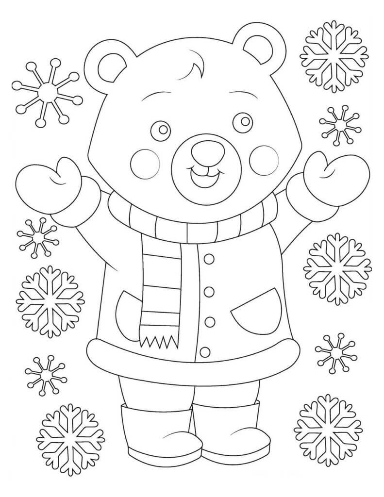 Desenhos de Urso de Pelúcia no Inverno com Floco de Neve para colorir