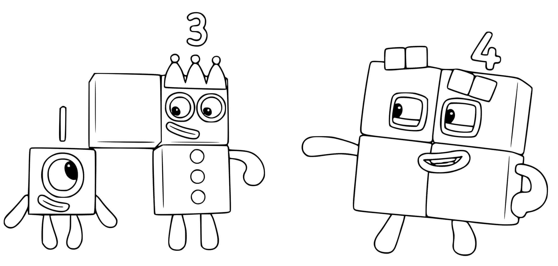 Desenhos de Blocos Numéricos 1, 3 e 4 para colorir