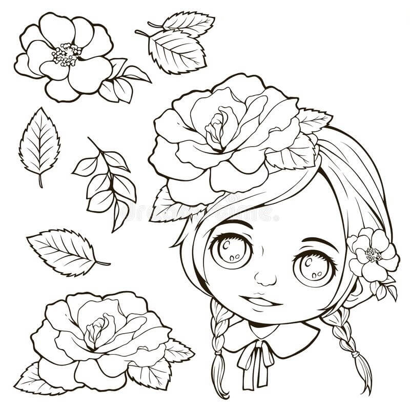 Desenhos de Garota Kawaii Cabeça com Flor para colorir