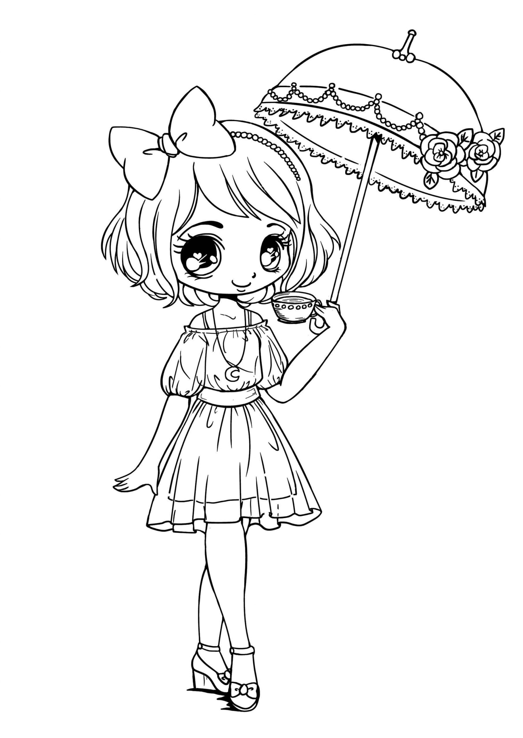 Desenhos de Garota Kawaii Segurando Guarda-Chuva para colorir