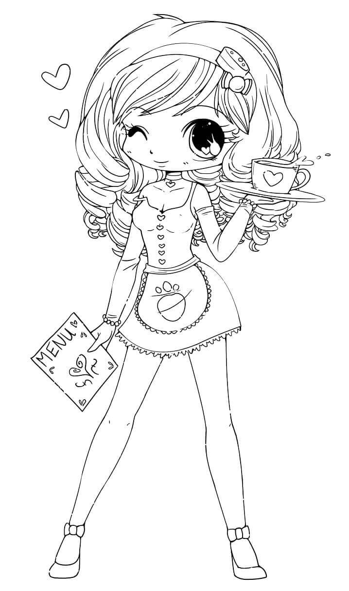 Desenhos de Garota Kawaii Segurando uma Xícara de Café para colorir