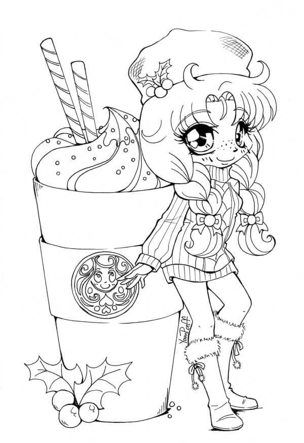 Desenhos de Garota Kawaii com Bebida para colorir