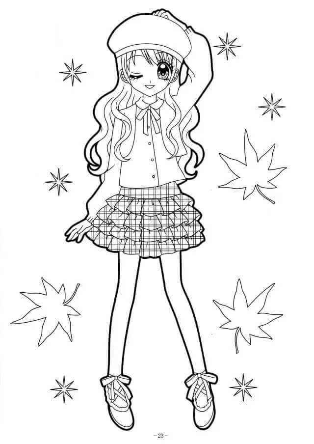Garota Kawaii com Estrela e Folha para colorir